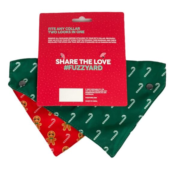 FuzzYard Christmas Candy Canes & Gingerbread Men Reversible Bandana Red Green - Picture 3 of 8